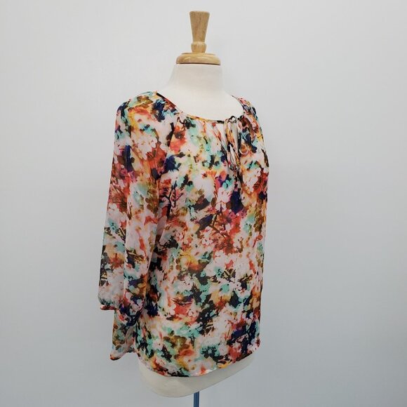 A.n.a Petite Floral Chiffon Blouse Size PL Sheer Peasant Tie Neck Boho Top - Picture 3 of 15